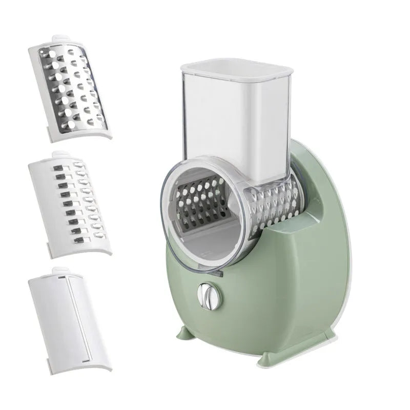 White electric vegetable slicer with rotary grater mechanism and suction base on kitchen counter
