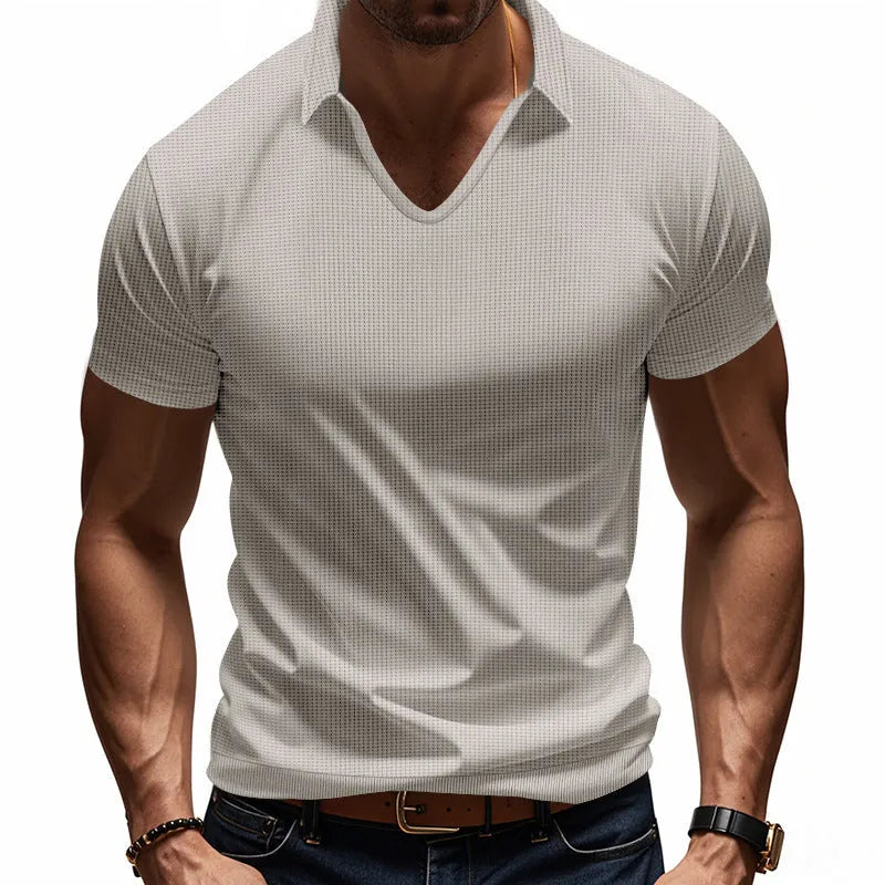 Men's V-neck short sleeve top in loose fit with solid colour options including Army Green and apricot