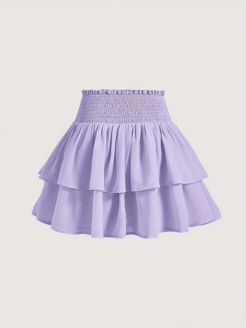 Puff short A-line skirt with high waist and ruffles, shown in purple or yellow, sizes S-XXL.