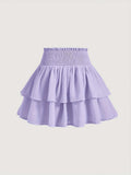 Puff short A-line skirt with high waist and ruffles, shown in purple or yellow, sizes S-XXL.