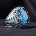 Geometric couple ring with blue zircon stone in antique silver finish