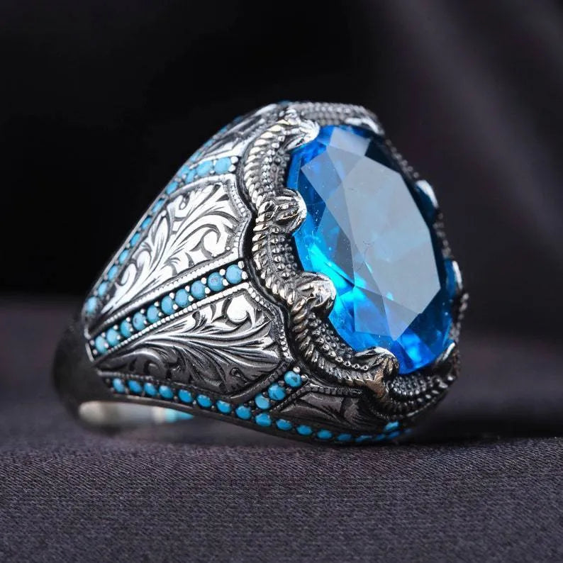 Geometric couple ring with blue zircon stone in antique silver finish