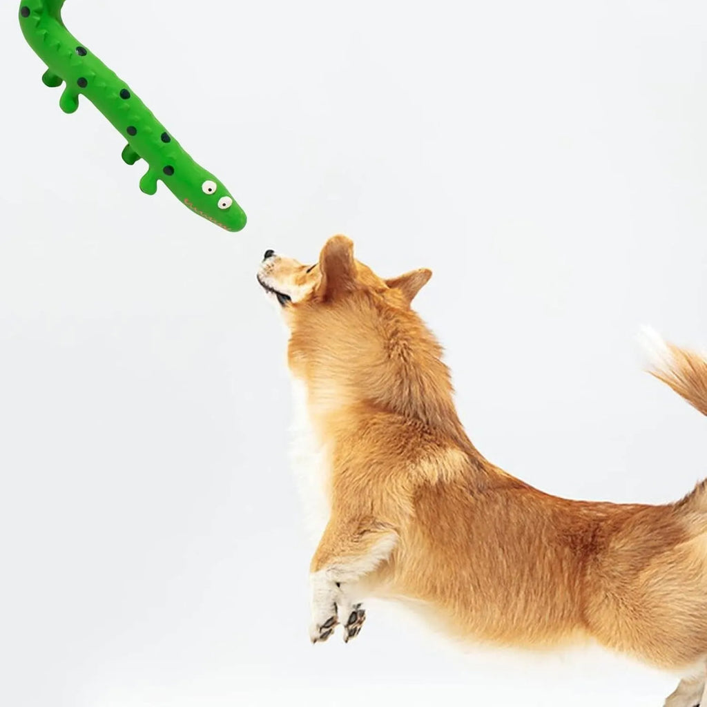 Green lizard-shaped dog chew toy with squeaker, 24cm long for aggressive chewers