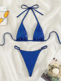 Women's solid colour blue T-back split bikini set on a mannequin.