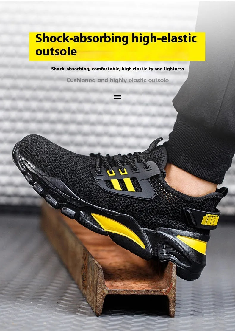 Men's Flyknit steel toe work shoes in black colour showing breathable upper construction