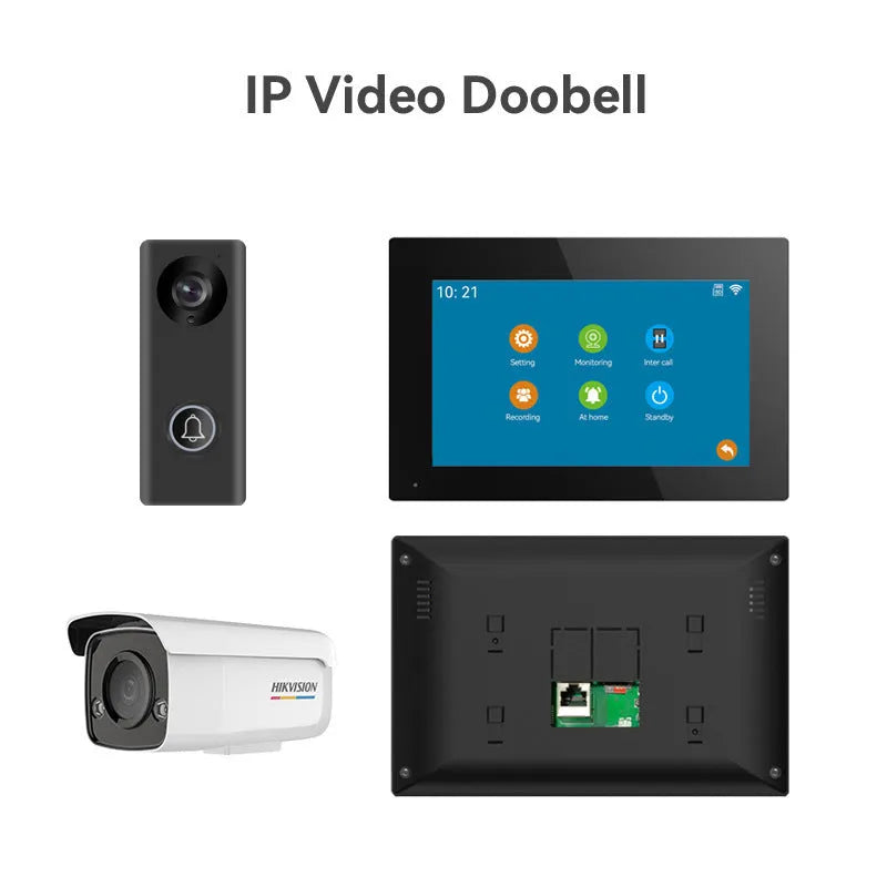 Video Intercom Doorbell 1v2 system showing 10-inch display unit and outdoor camera with installation components