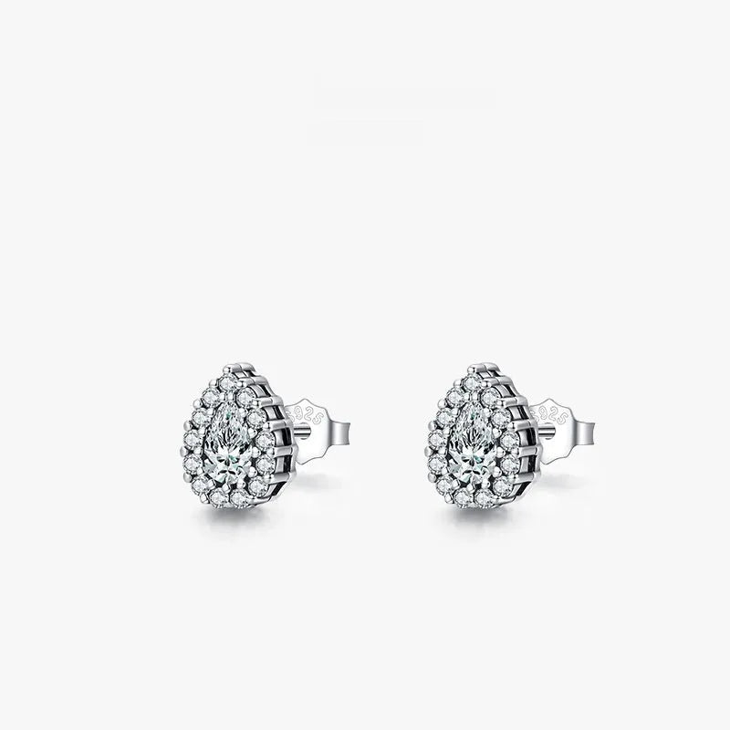 Women's 925 sterling silver water drop ear studs with diamond treatment process and post-and-clutch backing