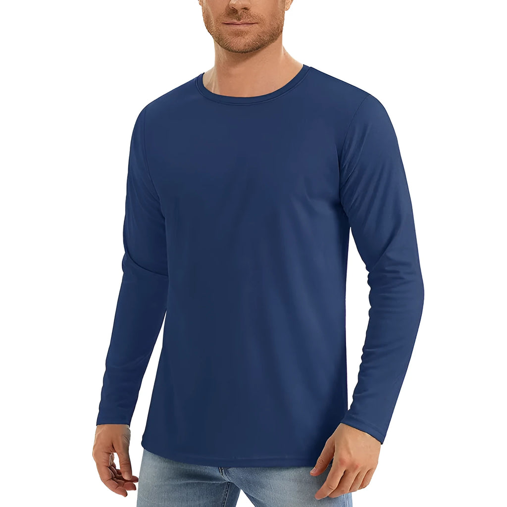 Men's solid colour long sleeve UV protection shirt in quick-dry polyester fabric on a hanger.