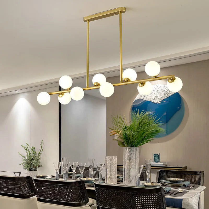 Modern minimalist glass bubble ball chandelier with iron frame, black or gold finish, for restaurant or kitchen