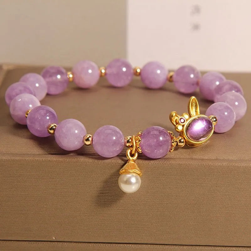Natural mauve jade crystal rabbit bracelet with purplish red jade hare head pendant