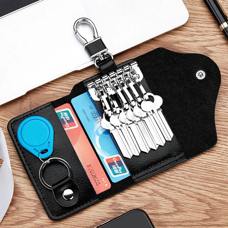 Genuine leather keychain card holder in square vertical design with internal key mapping