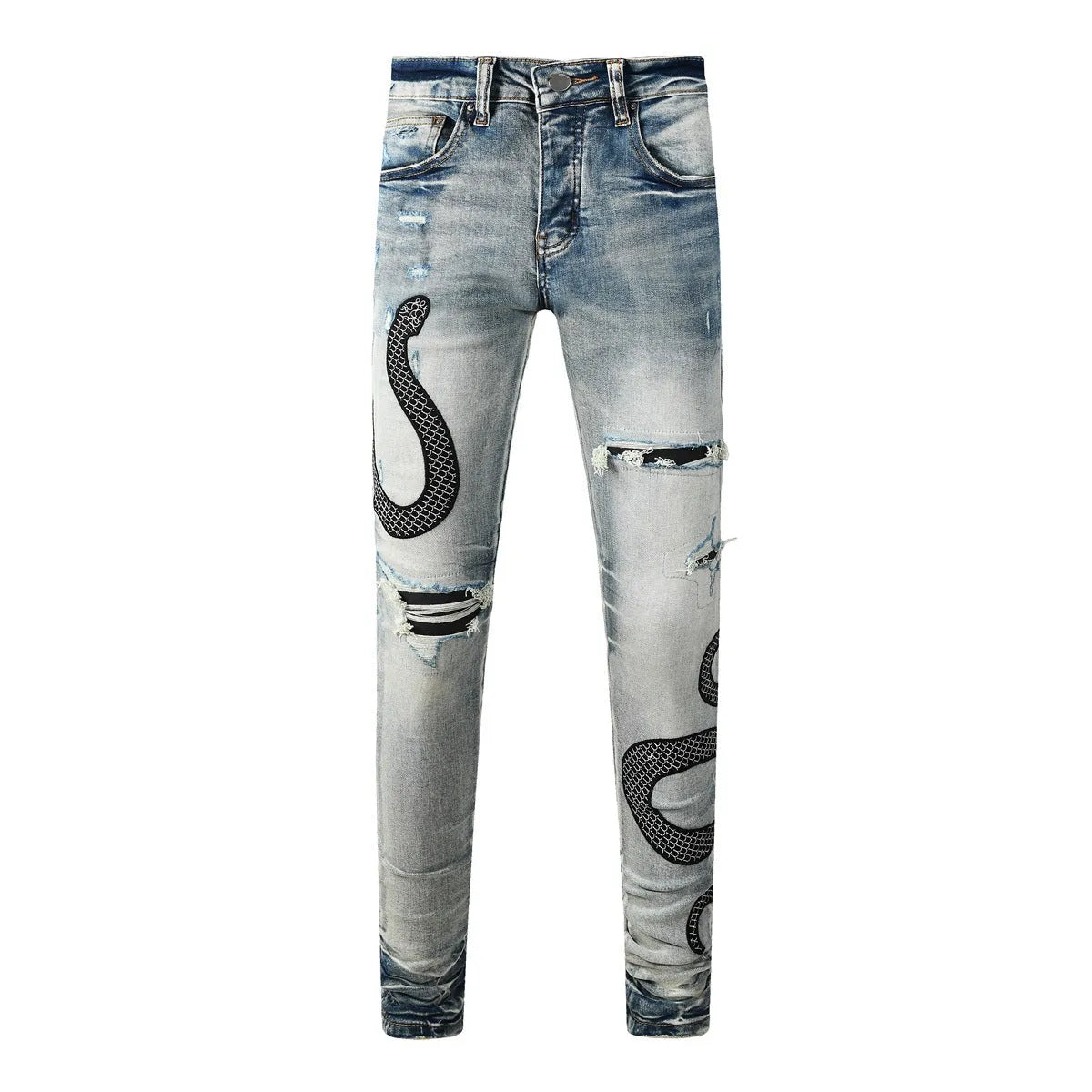 Blue distressed skinny jeans with a button fly on a mid-rise waist.
