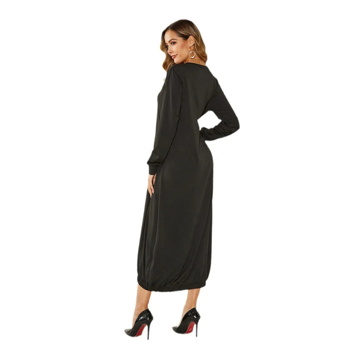 Black lace-up crew neck lantern dress with adjustable front lacing and loose fit, made from knitted polyester.