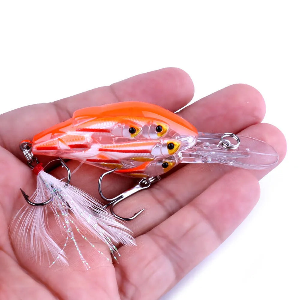 Floating hard bait fishing lure with fish feather hook in multiple colour options
