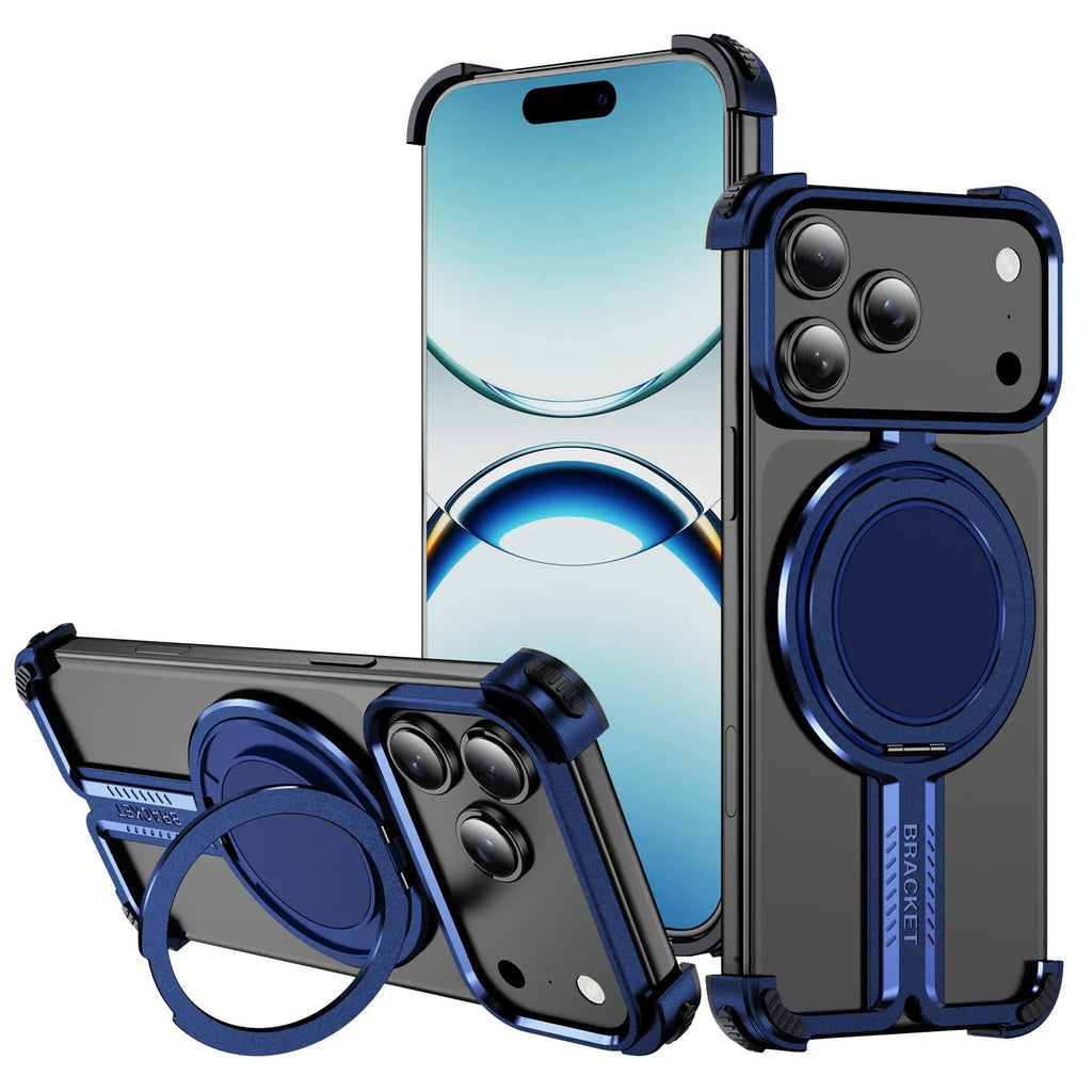 Titanium alloy bracket phone case for iPhone 17 series, frameless anti-fall design, TPU PC, in black.