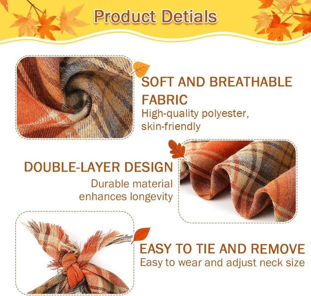 Plaid triangle dog bandana with tassel edges in autumn colours on a dog's neck.