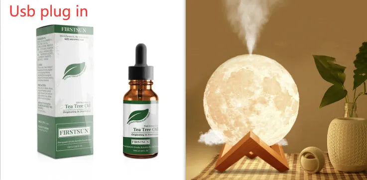 Spherical white lunar humidifier and night light with USB charging port and soft LED glow.