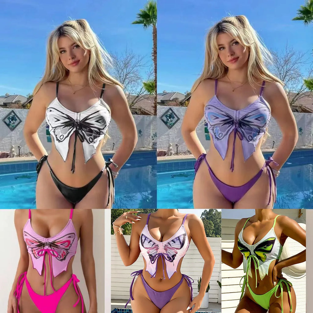 Women's bow ins style split bikini suit in purple, sleeveless design with European pattern for fitness and swimming