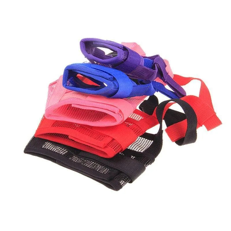 Adjustable plastic dog muzzle in black, red, blue, pink, or purple colours showing size options for biting and barking control