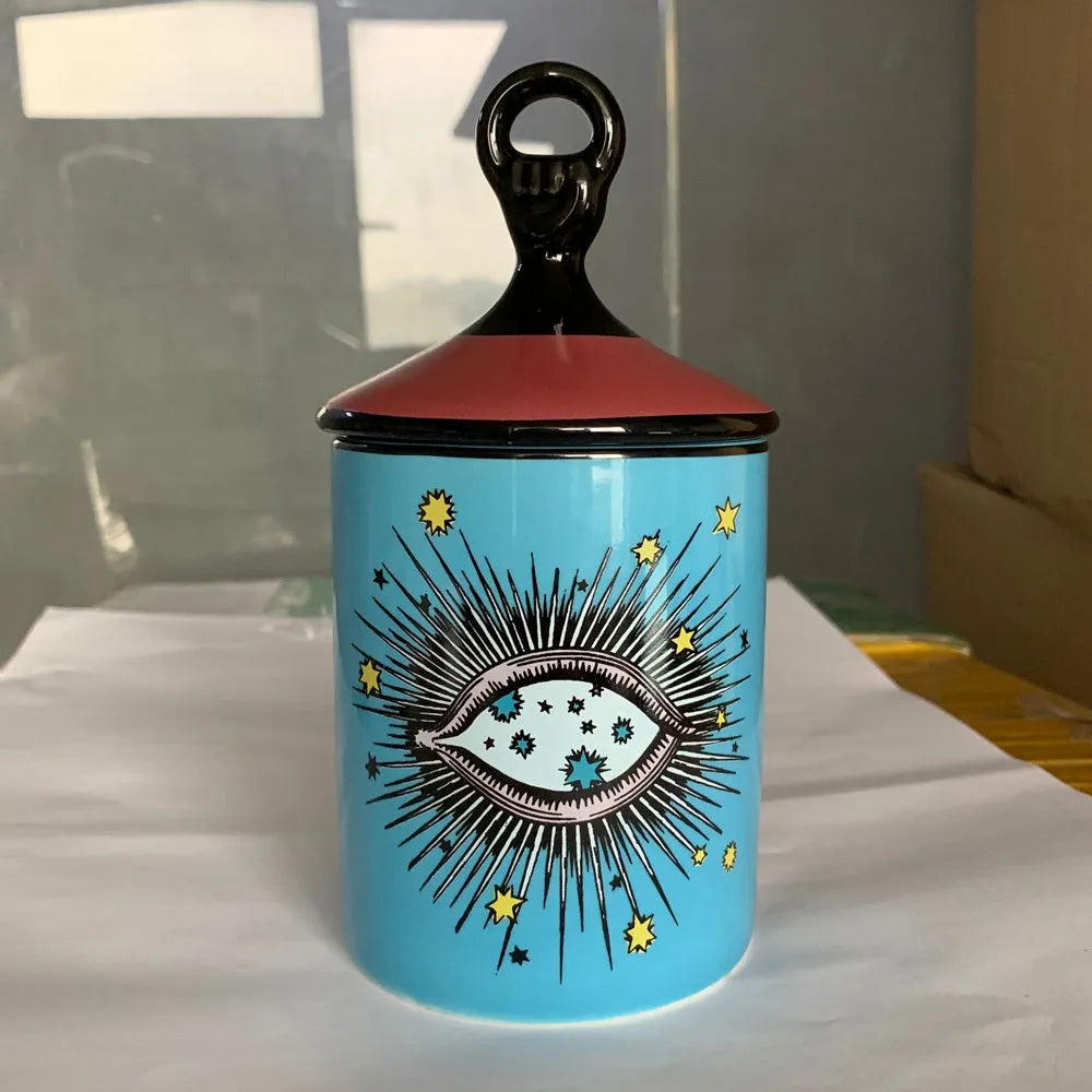 Big Eyes ceramic candle holder with decal figures-and-gods pattern, porcelain candle cup and jar storage, blue or red