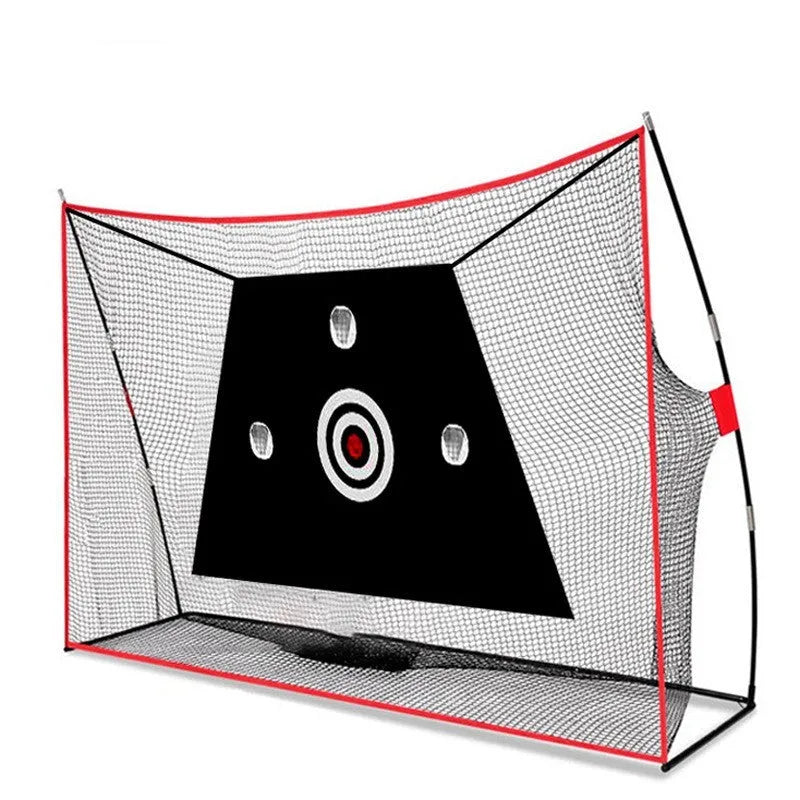 Swing wedge golf training net with 3-hole cross design, 30x60cm straw mat, practice balls, and accessories