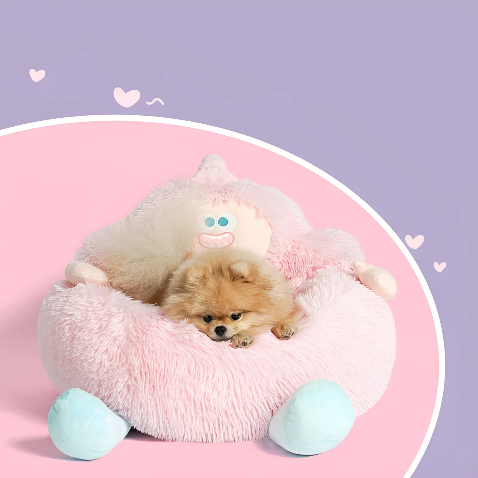 Grey plush circular pet nest bed with high sides for a cat or dog to sleep in.