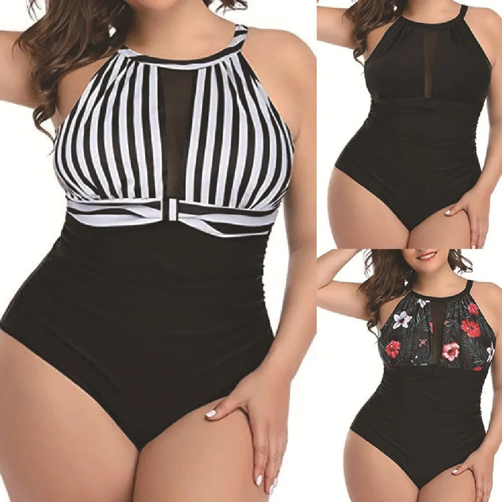 Women's one-piece swimsuit with lace detailing in black, red flower, or stripes patterns, sizes L to 4XL