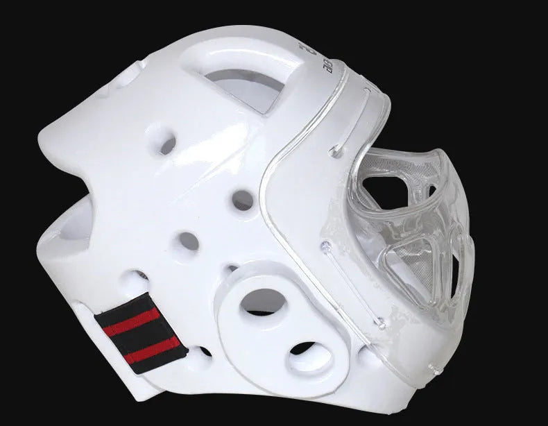 A white, blue, and red karate helmet for boxing head protection, shown in sizes S, M, L, and XL.