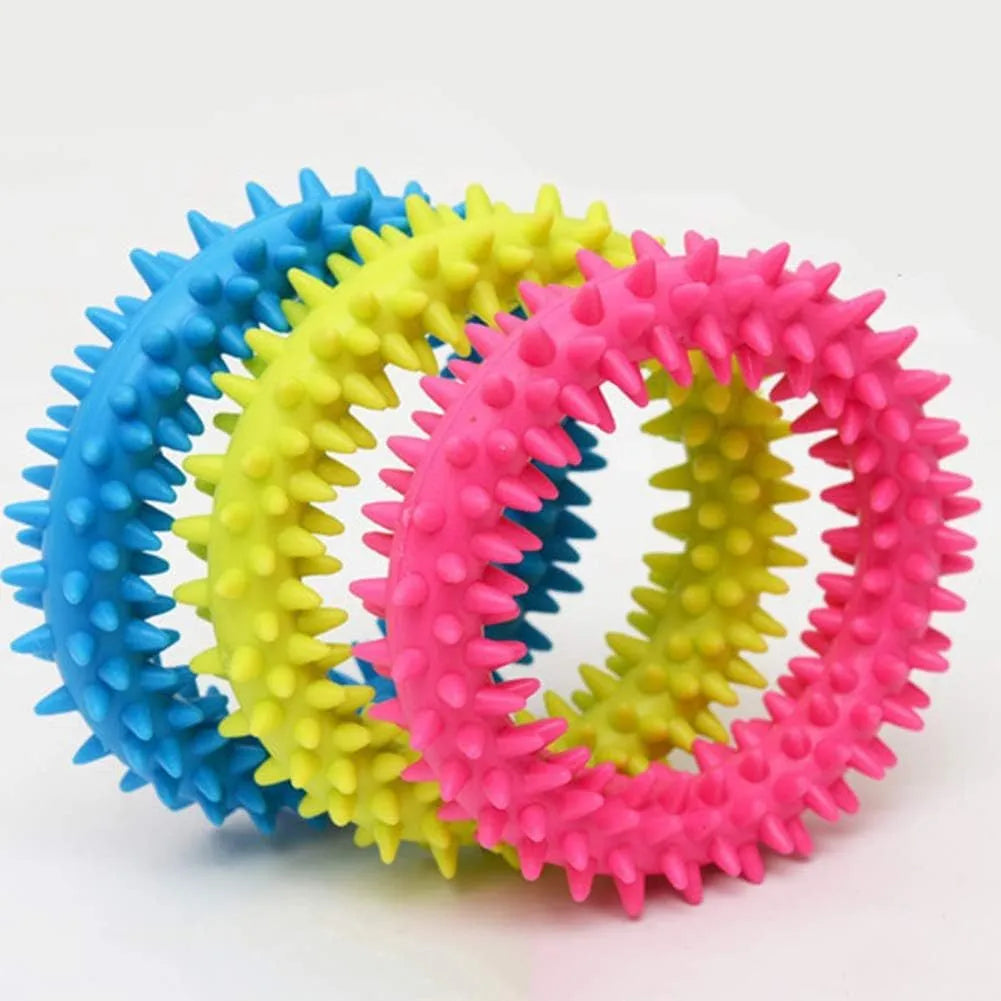 9.5cm TPR spiky circle ring dog chew toy in blue with dental cleaning nubs