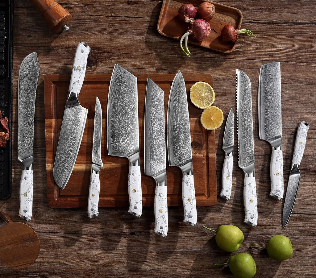 Damascus Special Household Combined Chef's Knife with 21cm VG10 steel blade and 11cm handle on a cutting board