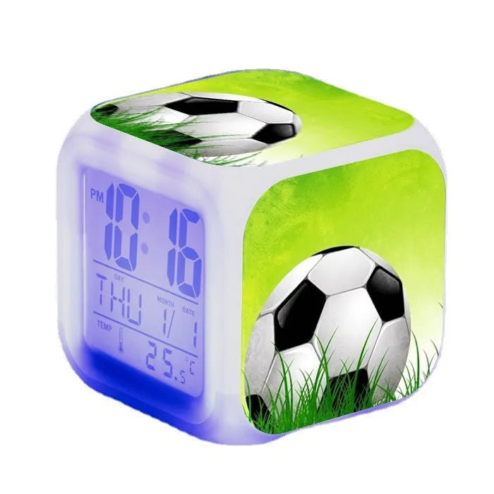 Football pattern square alarm clock with cartoon design for children's bedrooms