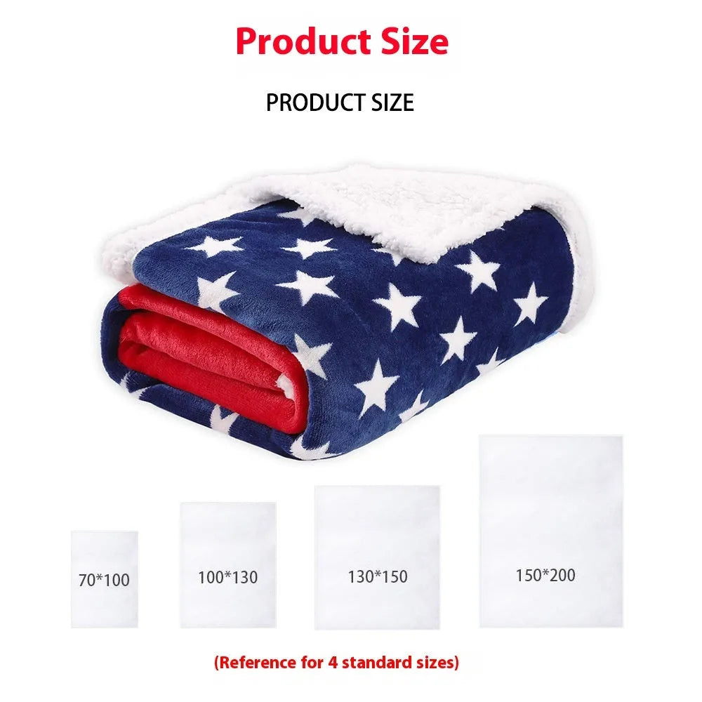 Striped polyester blanket in American style, shown in three sizes on a sofa.