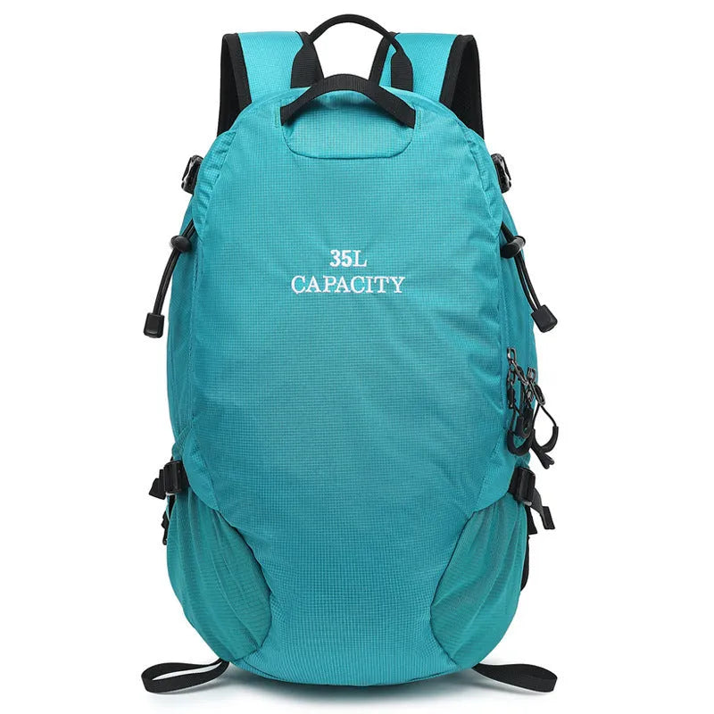 Solid-colour waterproof Oxford cloth hiking backpack with a structured back, shown in lake blue.