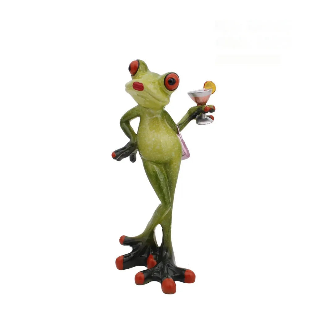 Pastoral style resin frog decoration on wooden shelf, showing hand-finished details and natural colour tones