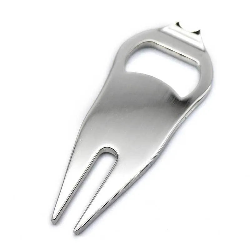 Golf putting green fork with metal ball yoke and bottle opener in black, green, or silver finishes
