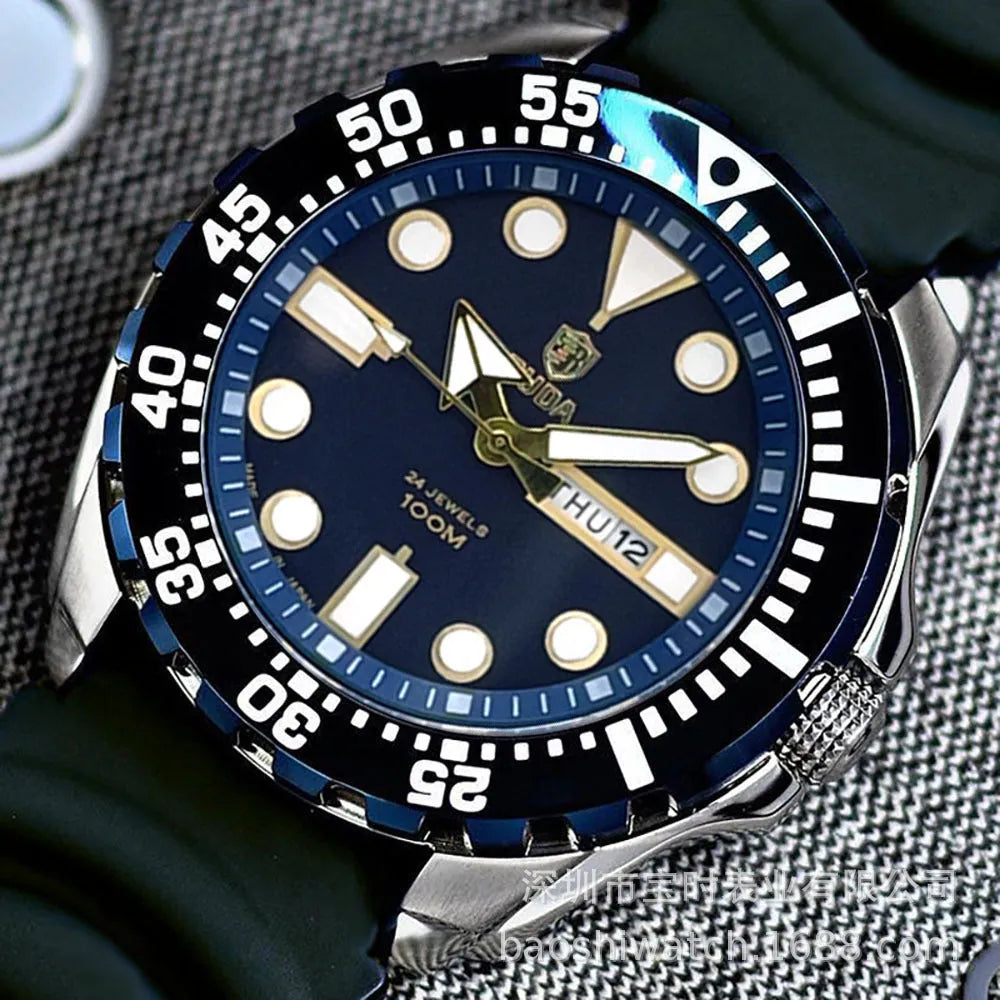 Waterproof luminous quartz men's watch with steel strap in blue colour option