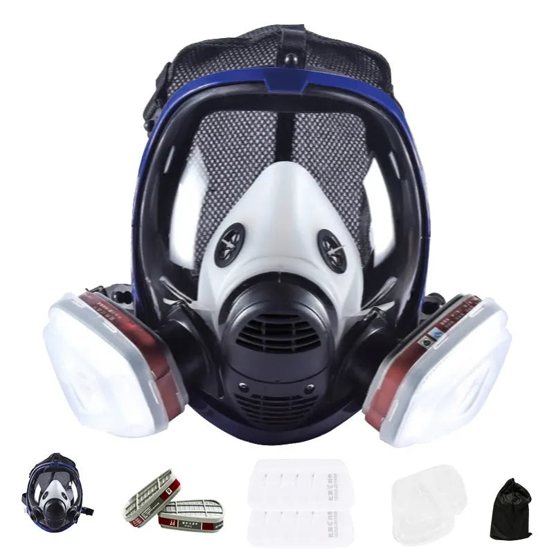 KN95 spherical full face mask with blue edge and trapezoidal canister design for respiratory protection