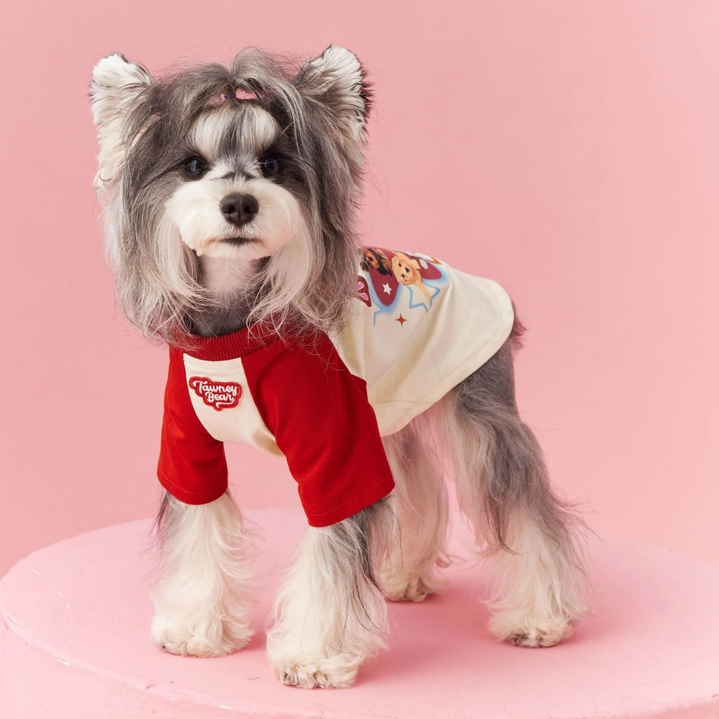 Cotton summer dog clothes with embroidered contrast colour design in red or pink options