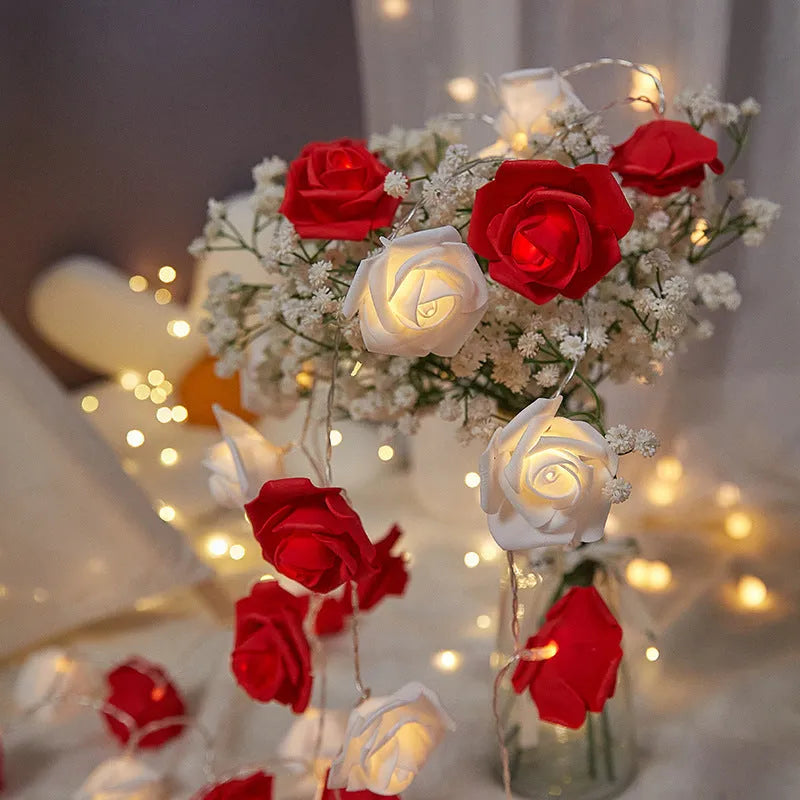 Battery-powered LED rose lights with PV foam construction for indoor holiday decoration in multiple colour options