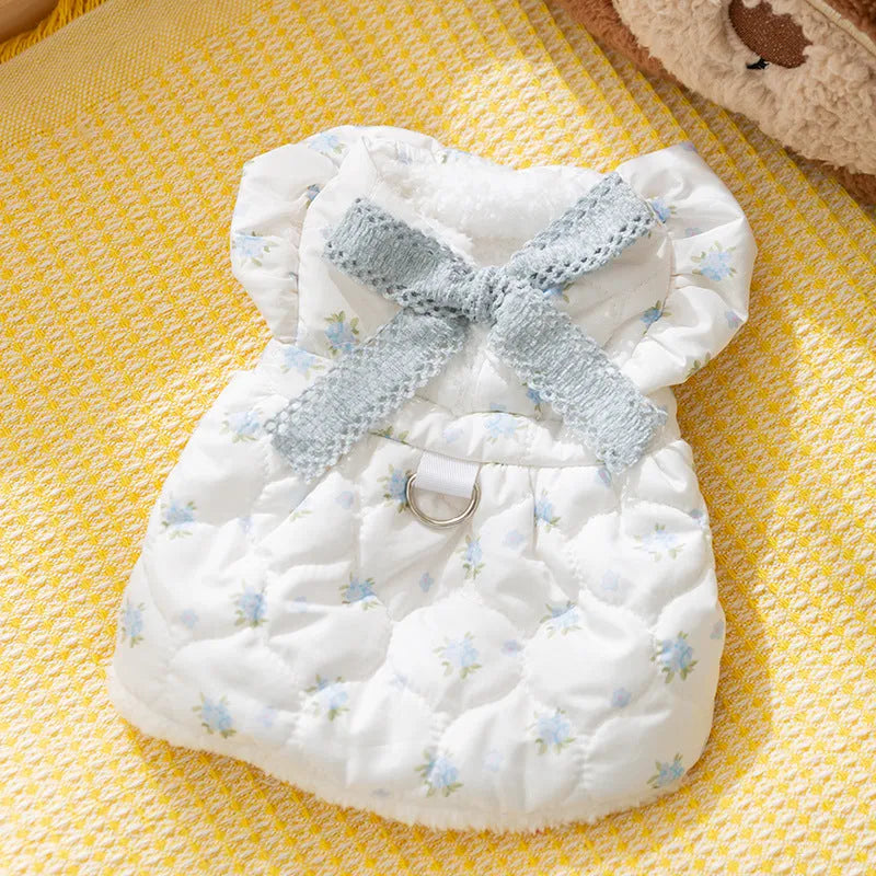 White thick dog dress with large bow, flower print and flannel lining for small dogs