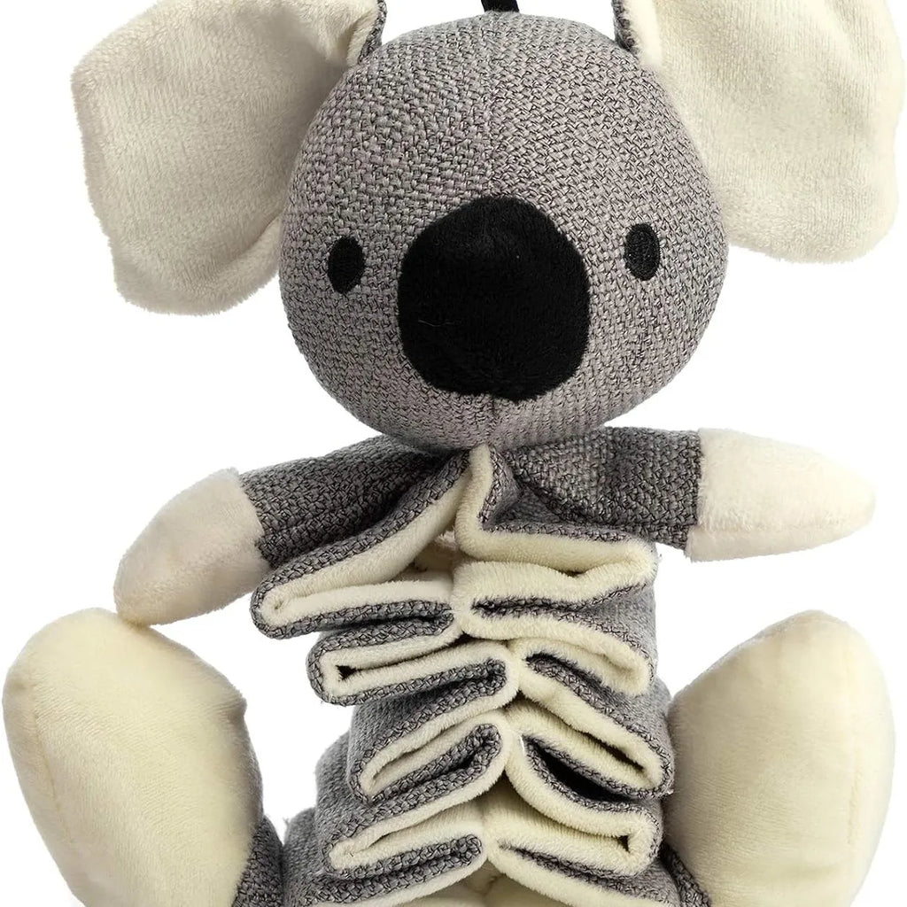 Gray koala-shaped dog toy measuring 30cm with crinkle paper inside and rope reinforcement for durability