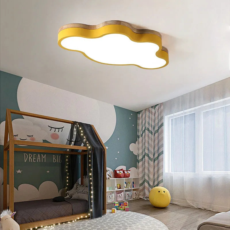 Cloud-shaped LED ceiling lamp with wooden frame in choice of four colours, showing even light distribution and modern design