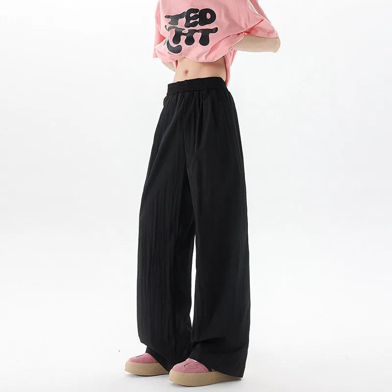 Men's wide-leg high-waist casual trousers in thin polyester blend, straight-leg drop fit, sizes M to 8XL, nine colours