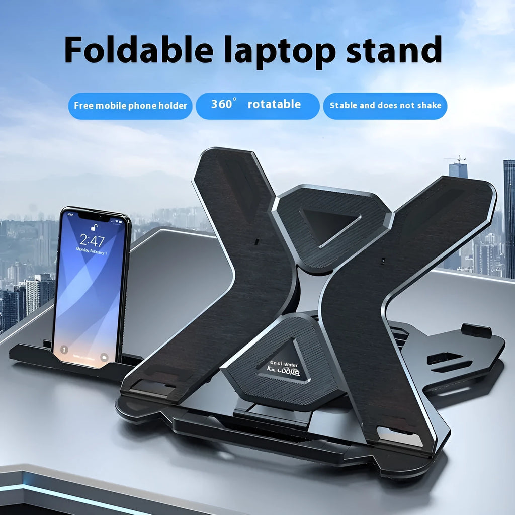 Black ABS plastic laptop cooling stand with slatted platform and adjustable tilt on a wooden desk.