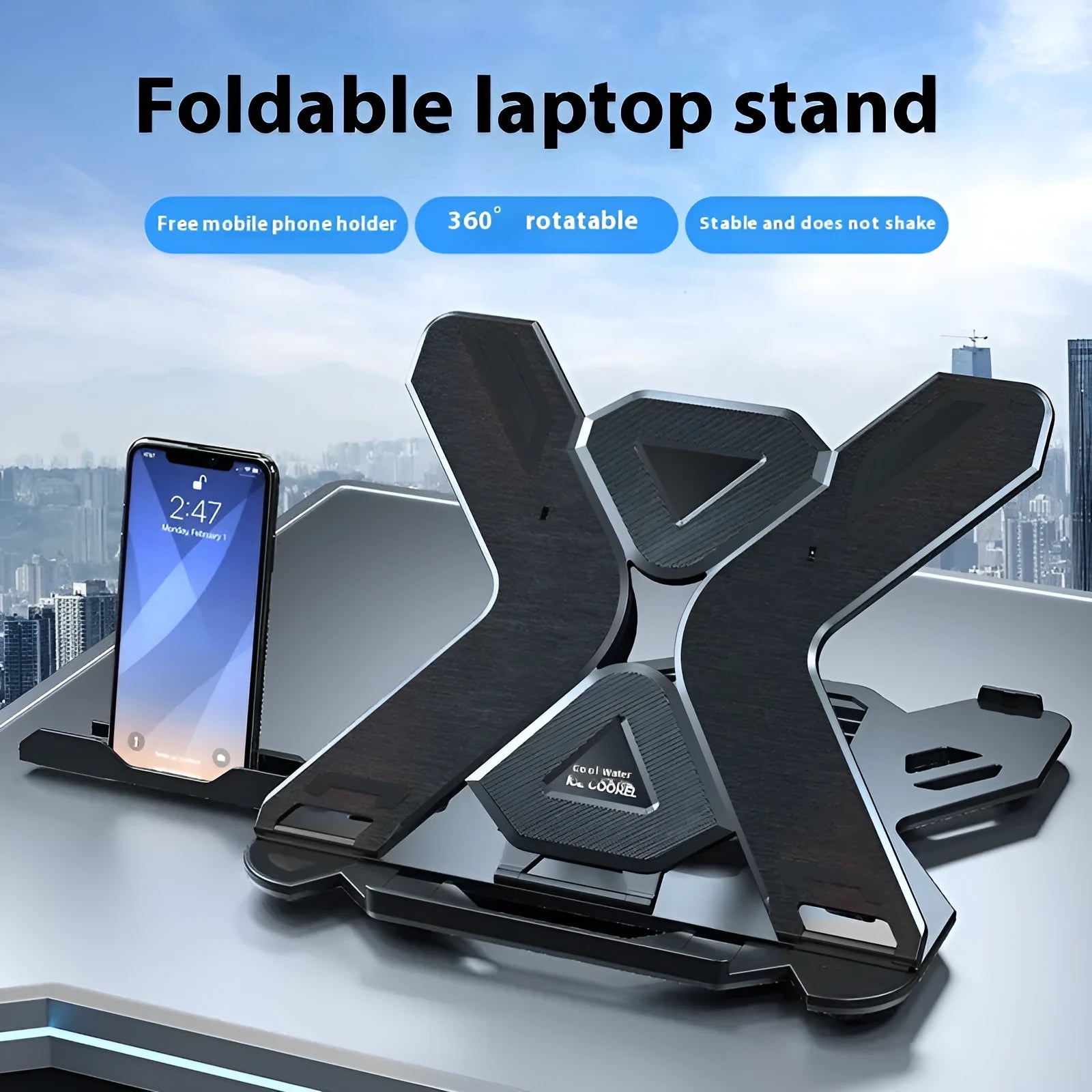 Black ABS plastic laptop cooling stand with slatted platform and adjustable tilt on a wooden desk.