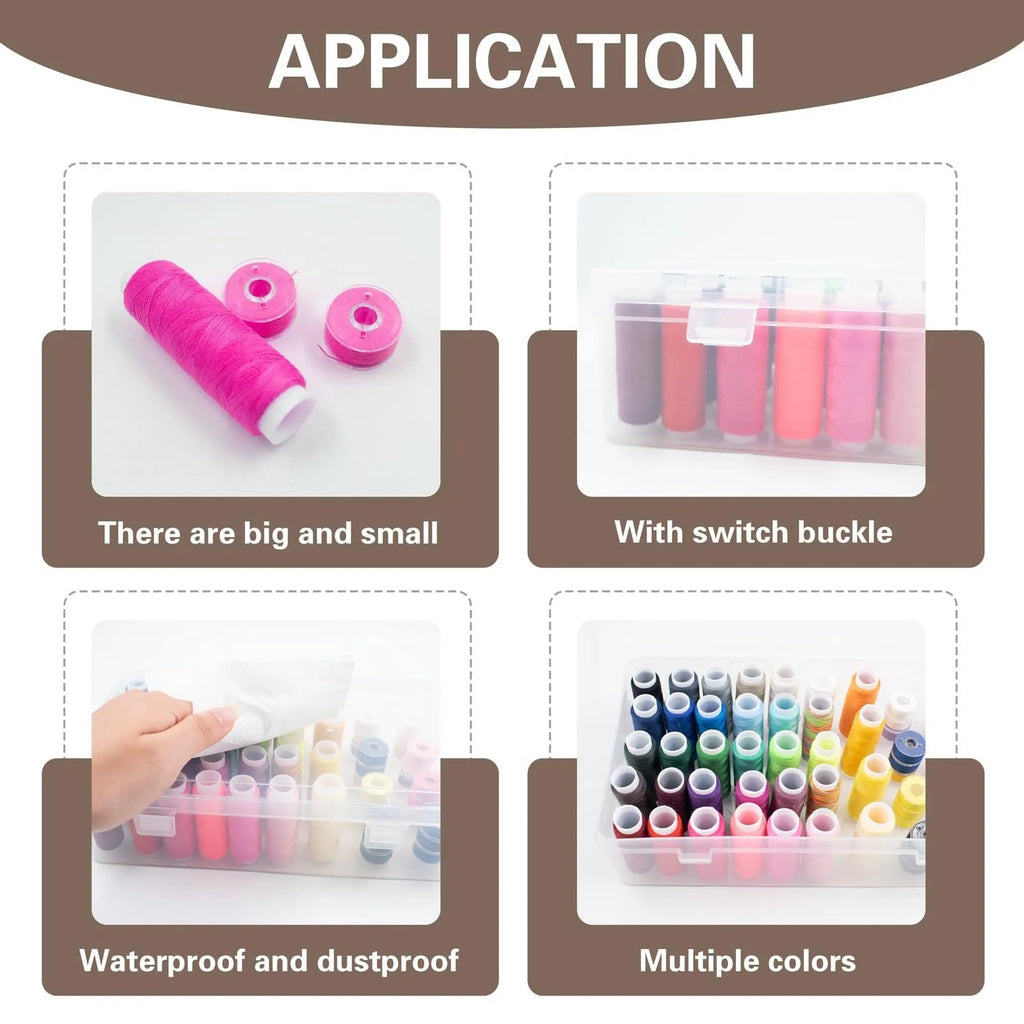 42 compartment plastic sewing tool organiser box with transparent lid showing needles and embroidery tools inside