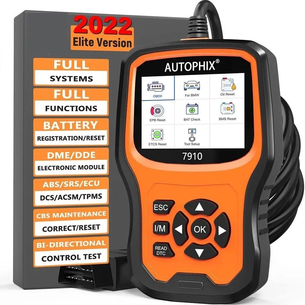 Autophix 7910 BMW diagnostic scanner with OBD2 connector and LCD display showing fault codes