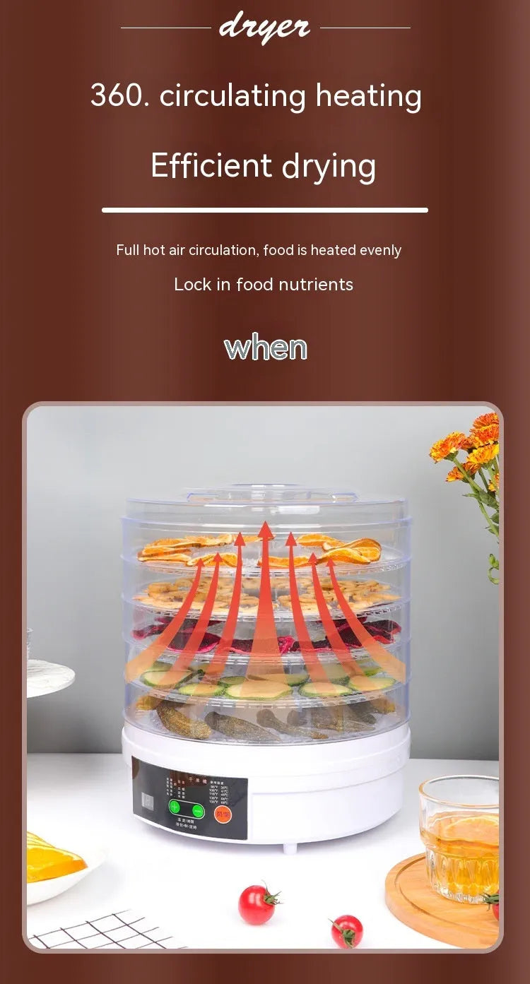Five-layer food dehydrator with mesh drying trays and temperature control dial for home food preservation
