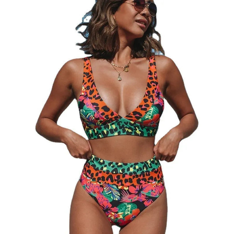 Women's floral print high-waist bikini swimwear in polyester fabric for swimming activities