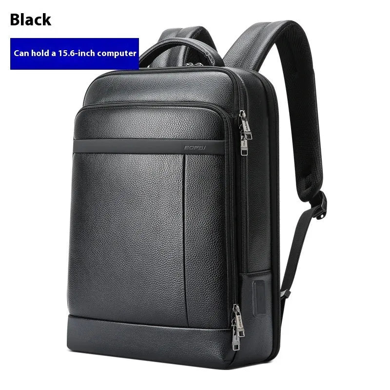 Black genuine leather business backpack with USB charging port and curved shoulder straps